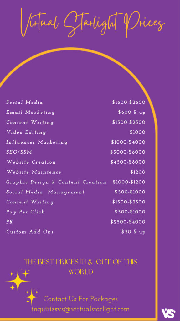 List of marketing services offered and their prices